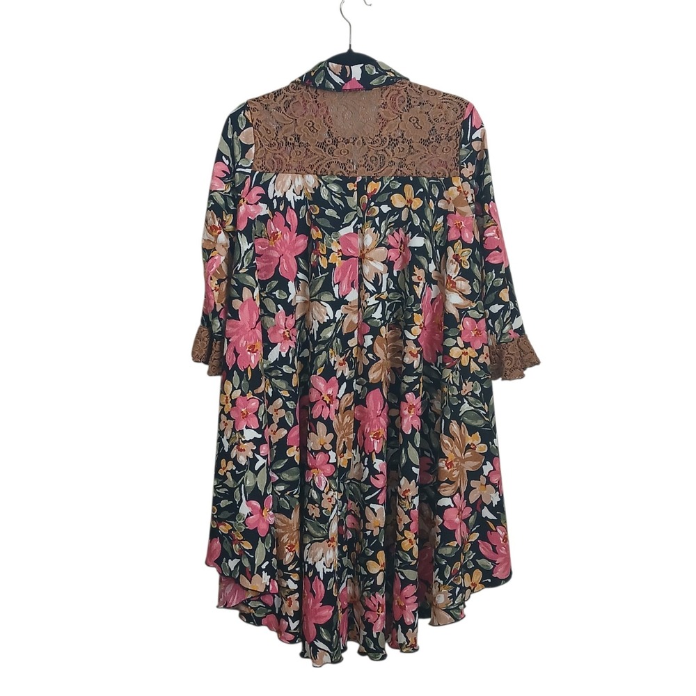 Zadie B's Floral Tunic Top High Low Button Front Brown Lace Modest Boho Shirt S - Picture 8 of 10